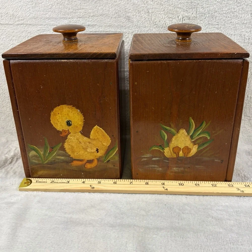 Vintage Hand Painted Wooden Duckling Trinket Boxes Pair Cottagecore Folk Art
